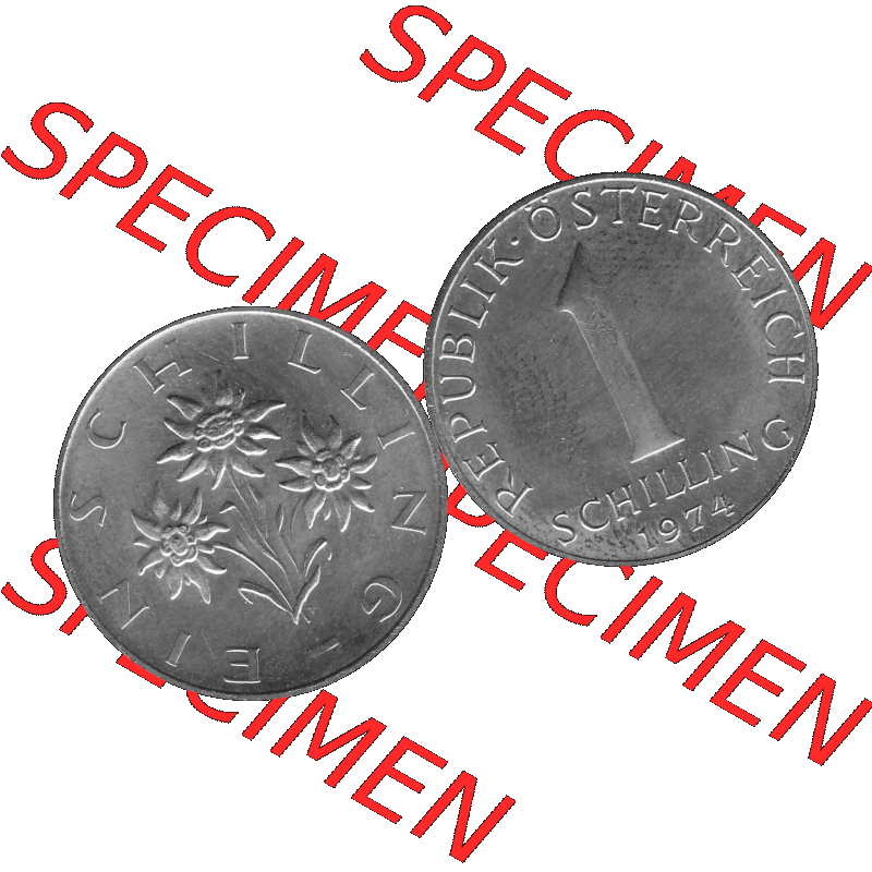 Alte Münze aus KMS Österreich, Kursmünzensatz 1974 in PP 1959-2001, 1 Schilling 1974-01. Vorderseite und Rückseite vertikal auf einen digitalen Graustufen Bild der... Sammlung