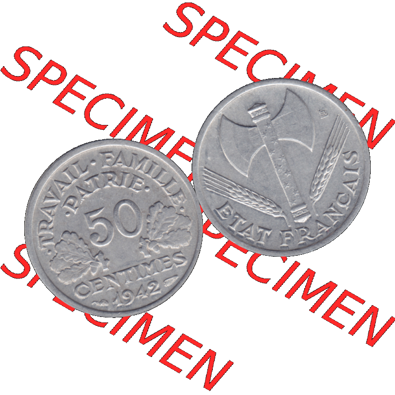 Münzen Frankreich Umlaufmünze in PNG einer Münze aus Frankreich 1942-1944, 50 Centimes, Cent 1942-01. Vorderseite und Rückseite horizontal auf einen digitalen Bild... Sammlung