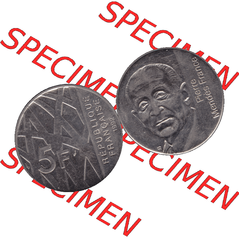 Münzen Frankreich Umlaufmünze 1992-1992, 5 Francs Franken in Nickel 1992-01. Vorderseite und Rückseite horizontal auf einen digitalen Bild der alten französischen Umlaufmünze... Sammlung