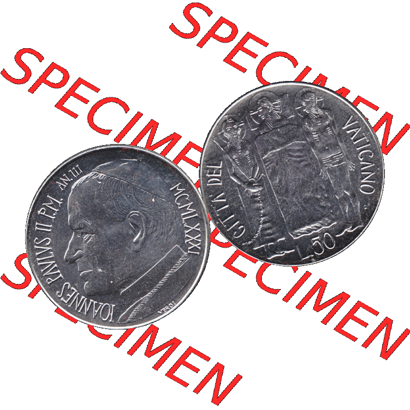 Alte Münze aus der Vatikanstadt / Vatikan als PNG-Grafik 1981-1981, 50 Lire Papst Johannes Paul II 1981-01. Vorderseite und Rückseite horizontal auf einen digitalen Bild der... Sammlung