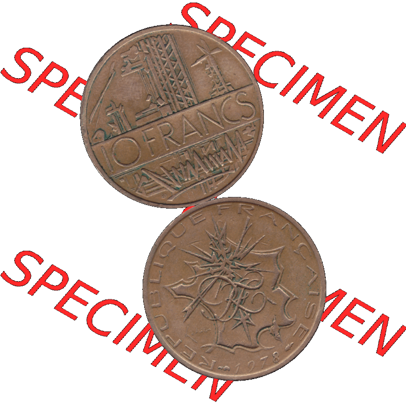 Münzen Frankreich Umlaufmünze 1974-1987, 10 Franken-Francs 1978-02. Vorderseite und Rückseite vertikal auf einen digitalen Bild der alten französischen Umlaufmünze... Sammlung