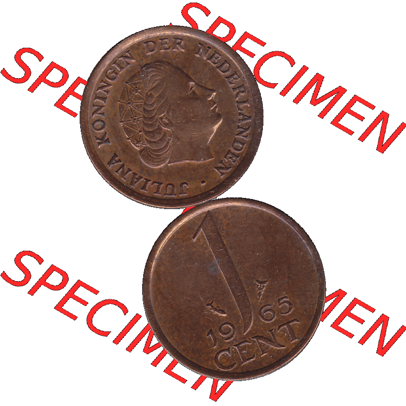 Alte Münze der Niederlande 1951-1975, in PNG digitalisiert 1950-1980, 1 Cent Königin Juliana 1965-01. Vorderseite und Rückseite vertikal auf einen digitalen Bild der alten... Sammlung