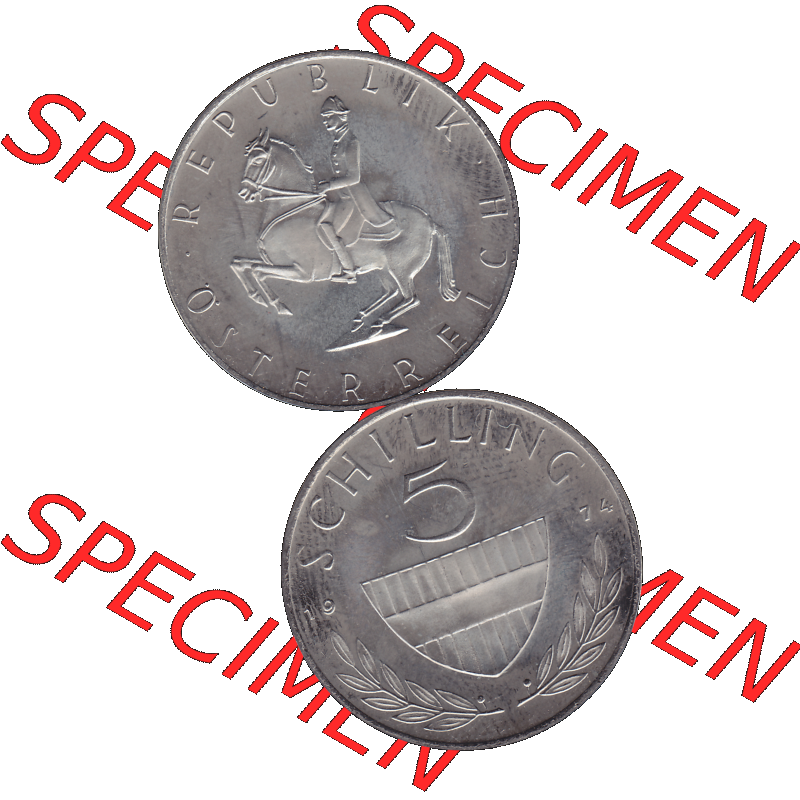 Alte Münze aus KMS Österreich, Kursmünzensatz 1974 in PP 1968-2001, 5 Schilling 1974-01. Vorderseite und Rückseite vertikal auf einen digitalen Bild der alten österreichischen... Sammlung