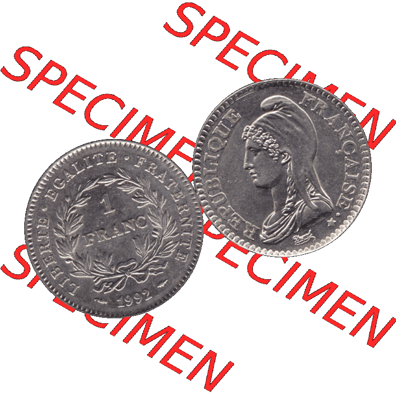 Münzen Frankreich Umlaufmünze 1992-1992, 1 Francs Liberty Freiheitsgöttin 1992-01. Vorderseite und Rückseite horizontal auf einen digitalen Bild der alten französischen... Sammlung