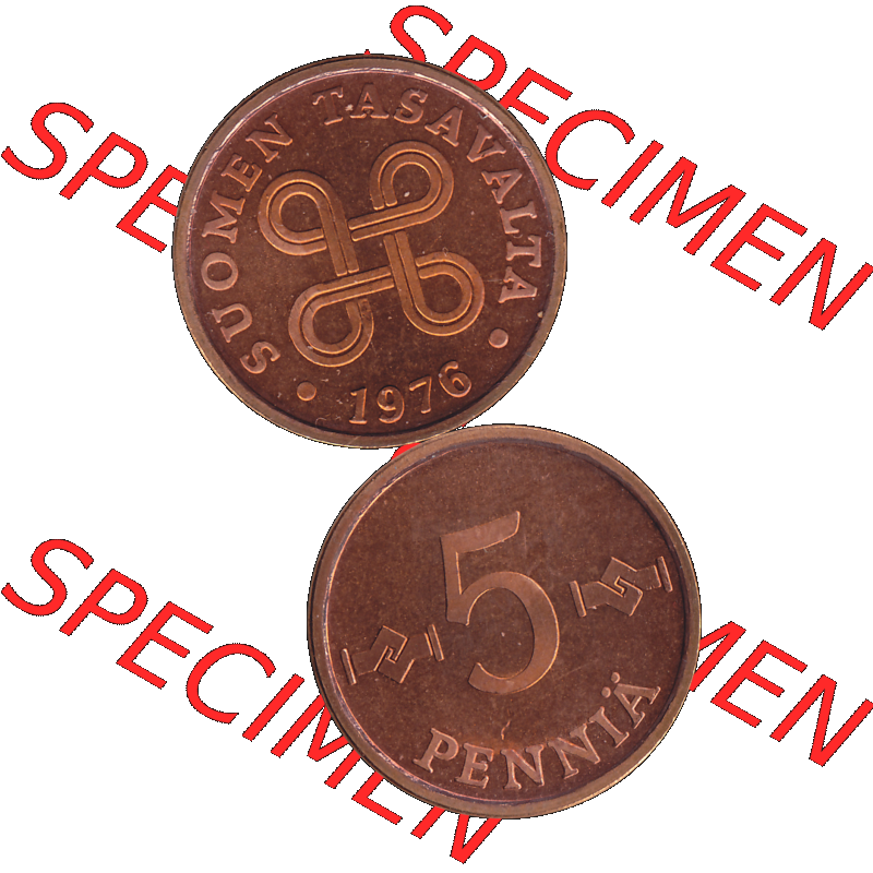 Alte Münzen KMS Finnland, Kursmünzensatz 1976 in Stempelglanz als digitales Computerbild in transparenten PNG 1963-1977, 5 Penny Penniä 1976-1, SUOMEN TASAVALTA.... Sammlung