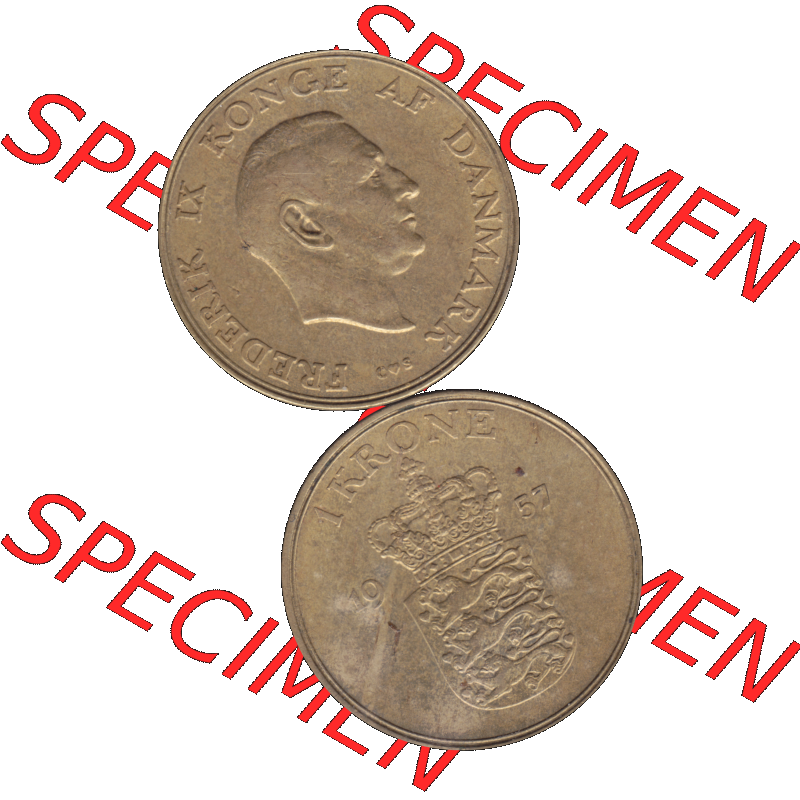 Alte Münze aus Dänemark als PNG-Grafik 1947-1960, 1 Krone 1957-01 Kursmünze. Vorderseite und Rückseite vertikal auf einen digitalen Bild der alten dänischen Umlaufmünze... Sammlung