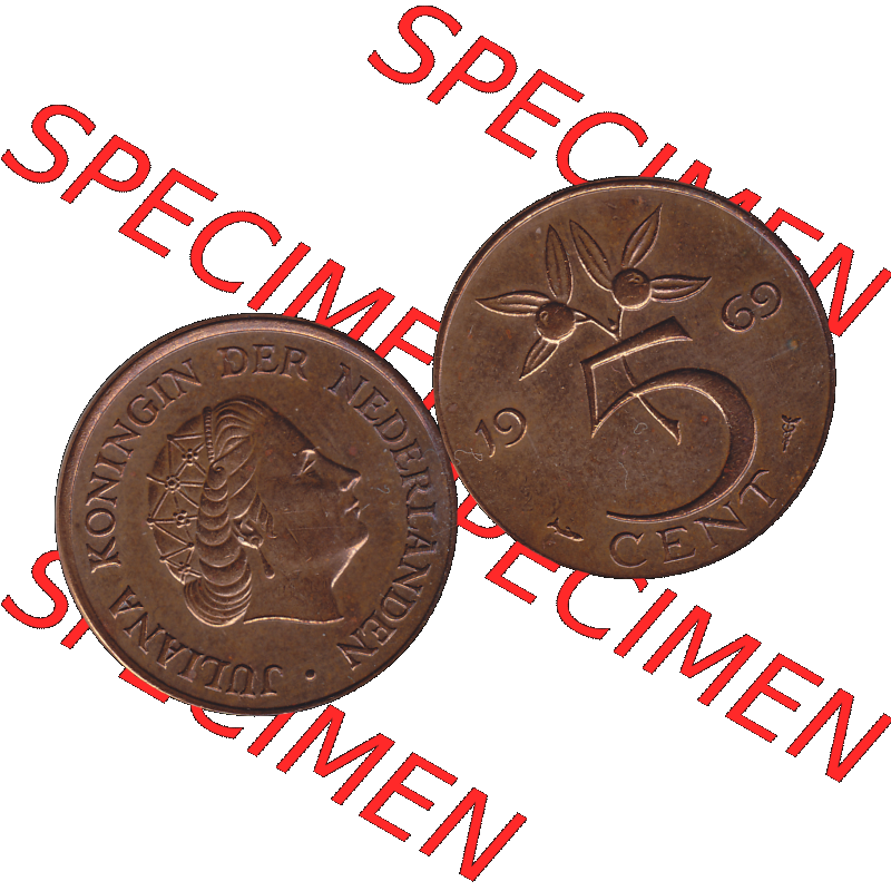 Alte Münze der Niederlande 1951-1975, in PNG digitalisiert 1950-1980, 5 Cent Königin Juliana 1969-01. Vorderseite und Rückseite horizontal auf einen digitalen Bild der... Sammlung