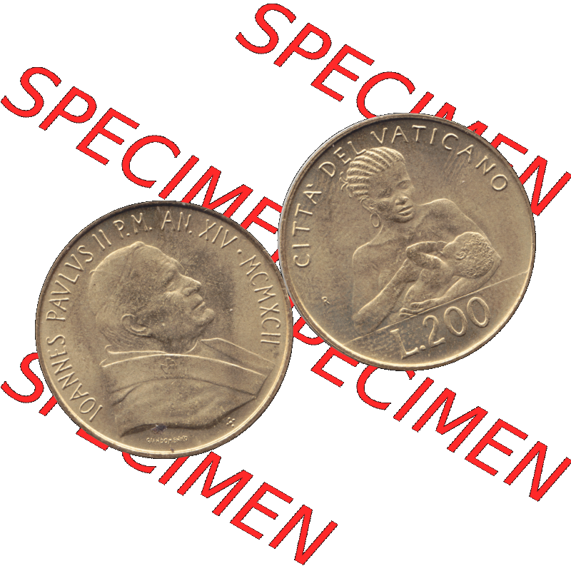 Alte Münze aus der Vatikanstadt / Vatikan als PNG-Grafik 1992-1992, 200 Lire Papst Giovanni Paolo II. 1992-01. Vorderseite und Rückseite horizontal auf einen digitalen... Sammlung