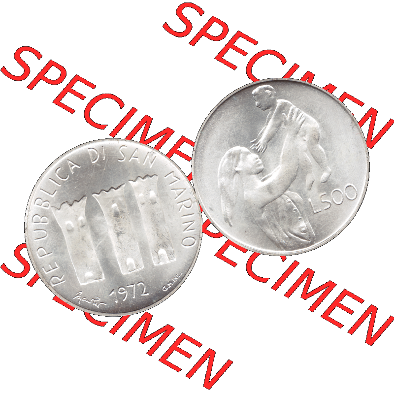 Bildmaterial in PNG-Grafiken Münzensatz / KMS 1972 aus San Marino 1972-1972, Münze 500 Lire 1972 L. 500 REPUBBLICA DI SAN MARINO, Silbermünze. Die digitalisierte... Sammlung