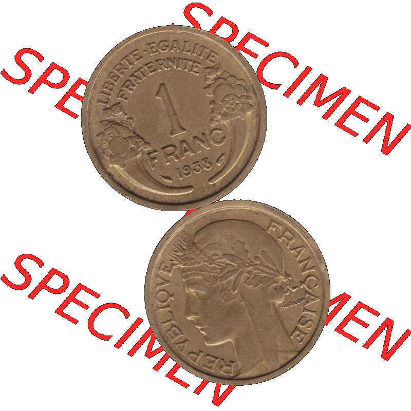 Münzen Frankreich Umlaufmünze in PNG einer Münze aus Frankreich 1931-1941, 1 Francs, Franken 1938-01. Vorderseite und Rückseite vertikal auf einen digitalen Bild... Sammlung
