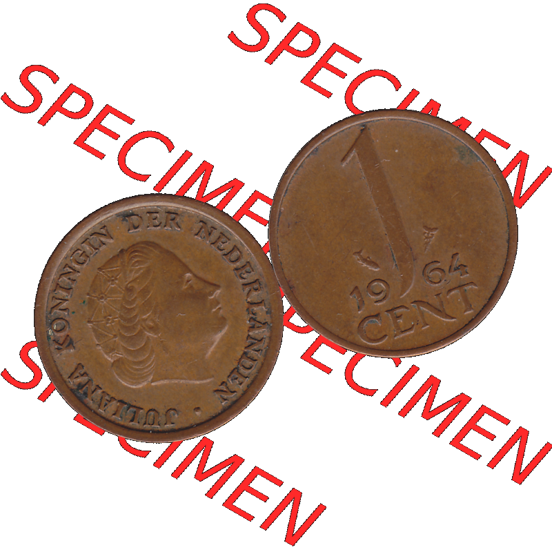 Alte Münze der Niederlande 1951-1975, in PNG digitalisiert 1950-1980, 1 Cent Königin Juliana 1964-01. Vorderseite und Rückseite horizontal auf einen digitalen Bild der... Sammlung