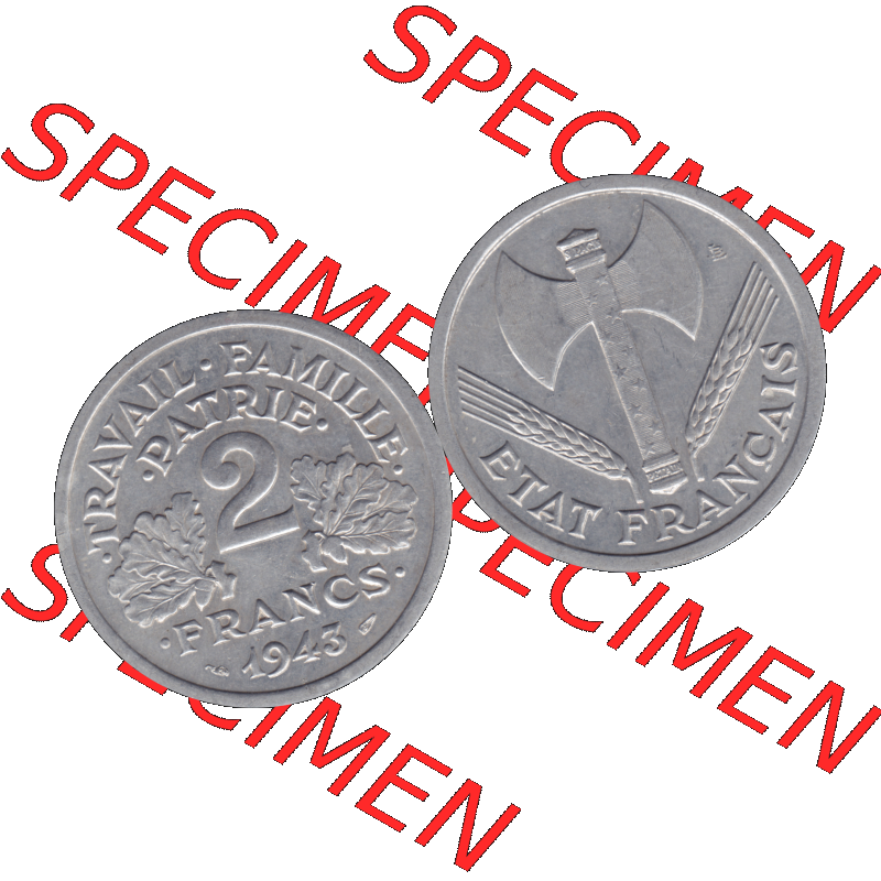 Münzen Frankreich Umlaufmünze in PNG einer Münze aus Frankreich 1943-1944, 2 Francs, Franken 1943-01. Vorderseite und Rückseite horizontal auf einen digitalen Bild... Sammlung