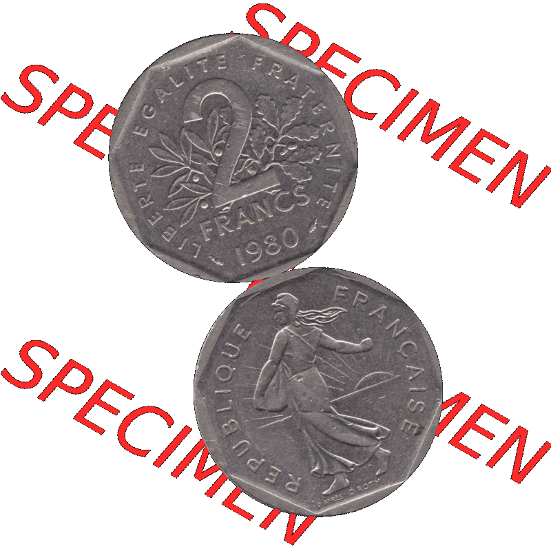 Münzen Frankreich Umlaufmünze 1979-2001, 2 Francs Säerin Semeuse 1980-01. Vorderseite und Rückseite vertikal auf einen digitalen Bild der alten französischen Umlaufmünze... Sammlung