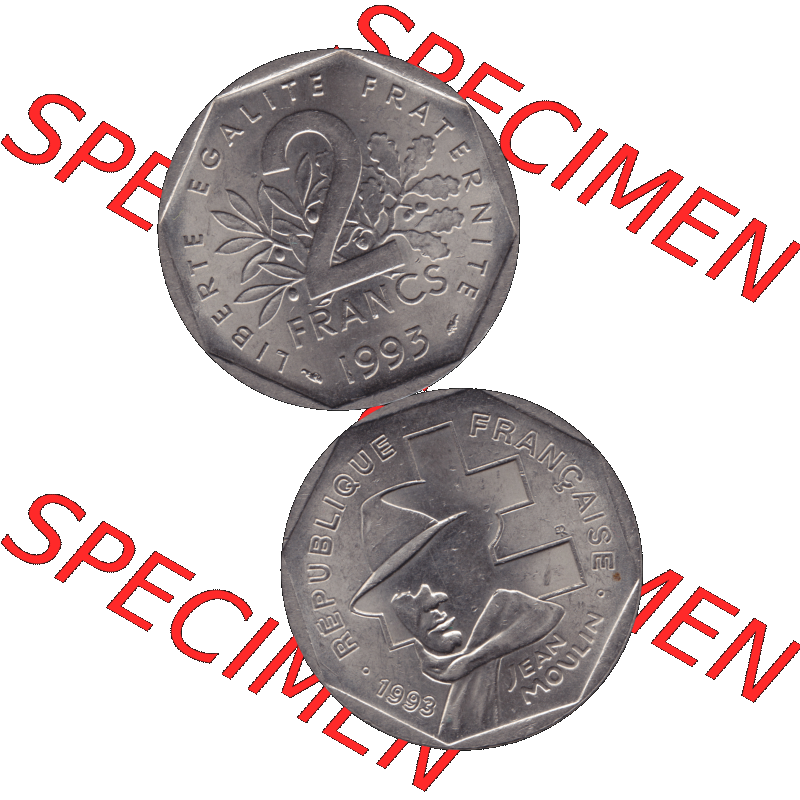 Münzen Frankreich Umlaufmünze 1993-1993, 2 Francs Jean Moulin 1993-01. Vorderseite und Rückseite vertikal auf einen digitalen Bild der alten französischen Umlaufmünze... Sammlung