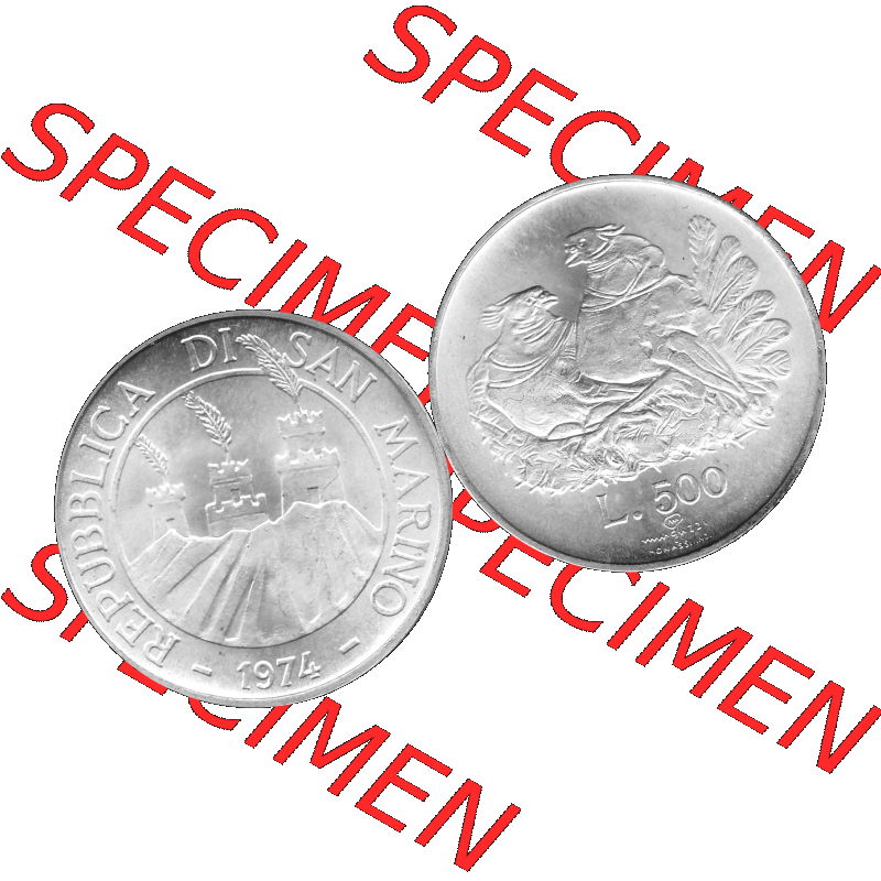 Bildmaterial Münzensatz / KMS 1974 aus San Marino in Graustufen 1974-1974, 50 Lire Silbermünze, L.500 MINGUZZI MONASSI INC. Graustufen. PNG Computer-Grafik... Sammlung