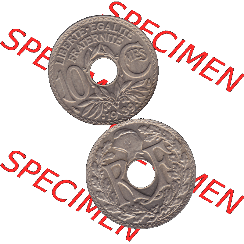Münzen Frankreich Umlaufmünze in PNG einer Münze aus Frankreich 1938-1939, 10 Centimes, Cent 1939-01. Vorderseite und Rückseite vertikal auf einen digitalen Bild... Sammlung