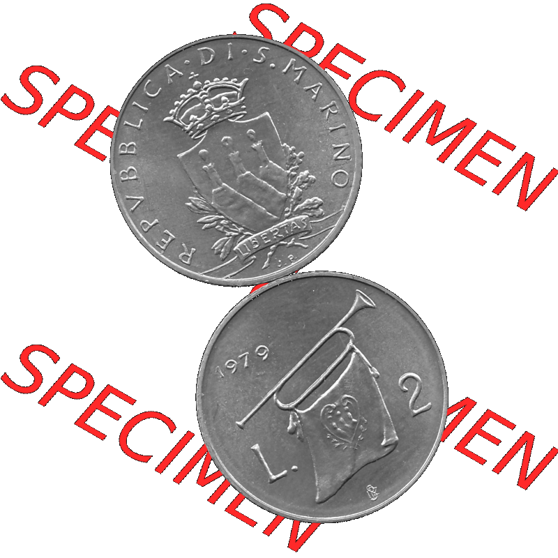 Bildmaterial Münzensatz / KMS 1979 aus San Marino in Graustufen 1979-1979, 2 Lire, J. V. LIBERTAS REPVBBLICA DI S. MARINO, 1979 L.2 Graustufen.... Sammlung