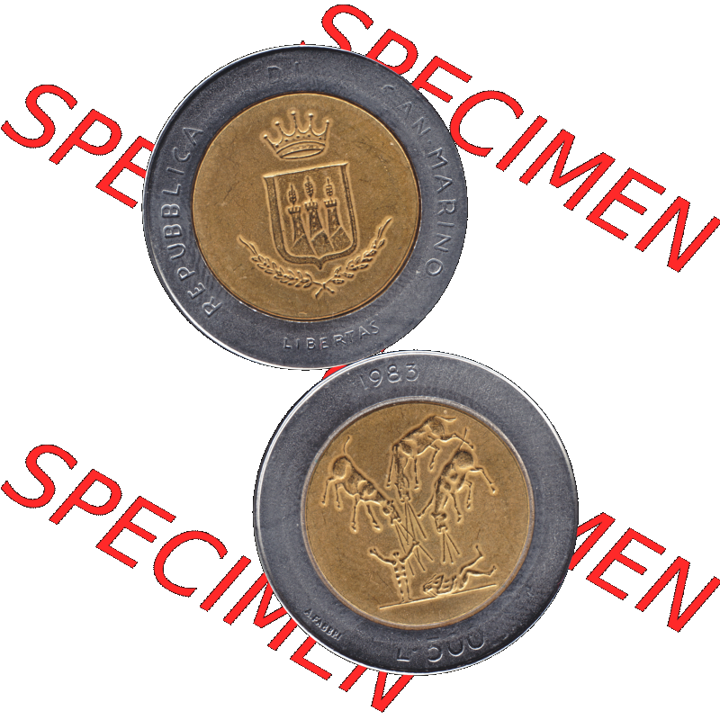 Gedenkmünzen aus San Marino, in PNG 1983-1983, 500 Lire Bedrohung durch einen Atomkrieg 1983-01. Vorderseite und Rückseite vertikal auf einen digitalen Bild der alten Gedenkmünze... Sammlung