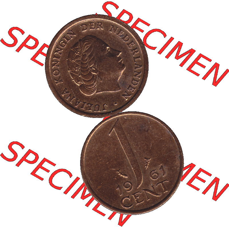 Alte Münze der Niederlande 1951-1975, in PNG digitalisiert 1950-1980, 1 Cent Königin Juliana 1961-01. Vorderseite und Rückseite vertikal auf einen digitalen Bild der alten... Sammlung