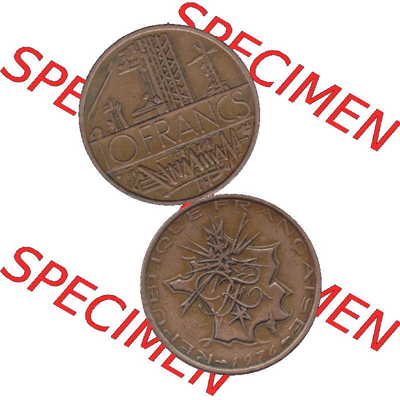 Münzen Frankreich Umlaufmünze 1974-1987, 10 Franken-Francs 1976-01. Vorderseite und Rückseite vertikal auf einen digitalen Bild der alten französischen Umlaufmünze... Sammlung