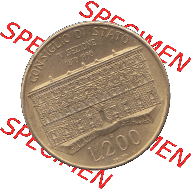Bildmaterial einer Münze aus Italien / Italia als PNG-Grafik 1990-1990, 200 Lire Gründung von Staatsrat 1990-01. Rückseite einer alten italienischen 200 Lire Gedenkmünze,... Sammlung