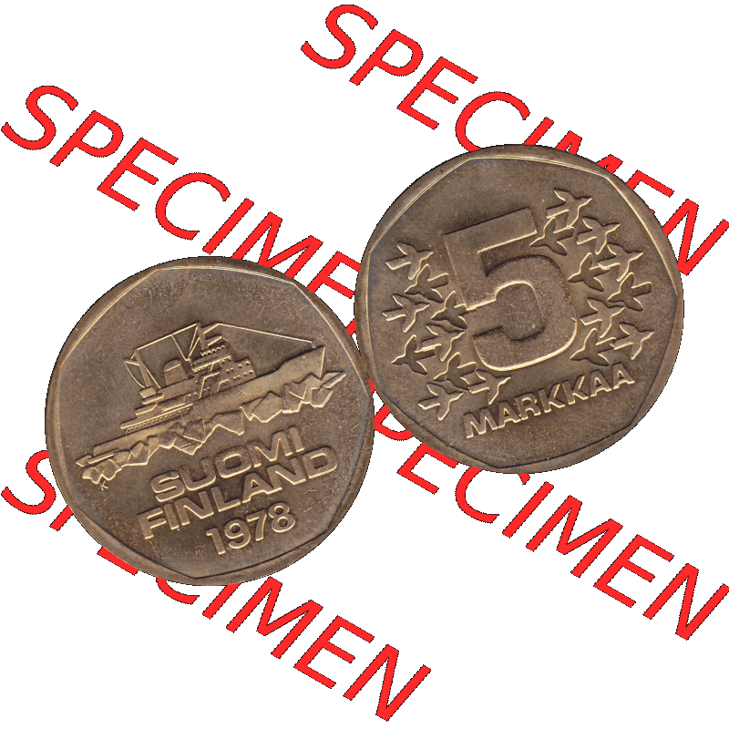 Alte Münzen KMS Finnland, Kursmünzensatz 1978 in Stempelglanz als digitales Computerbild einer finnischen digitalisierten Münze in transparenten PNG 1972-1978, 5 finnische Mark,... Sammlung