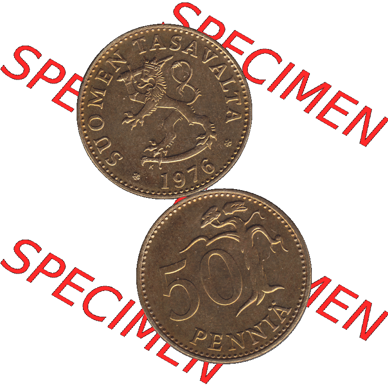 Alte Münzen KMS Finnland, Kursmünzensatz 1976 in Stempelglanz als digitales Computerbild in transparenten PNG 1963-1990, 50 Penny Penniä 1976-1, SUOMEN TASAVALTA.... Sammlung