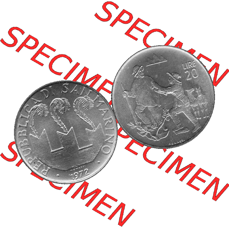 Bildmaterial Münzensatz / KMS 1972 aus San Marino in Graustufen 1972-1972, 20 Lire, 1972, MONASSI REPUBBLICA DI SAN MARINO Graustufen. PNG Computer-Grafik in Graustufen... Sammlung