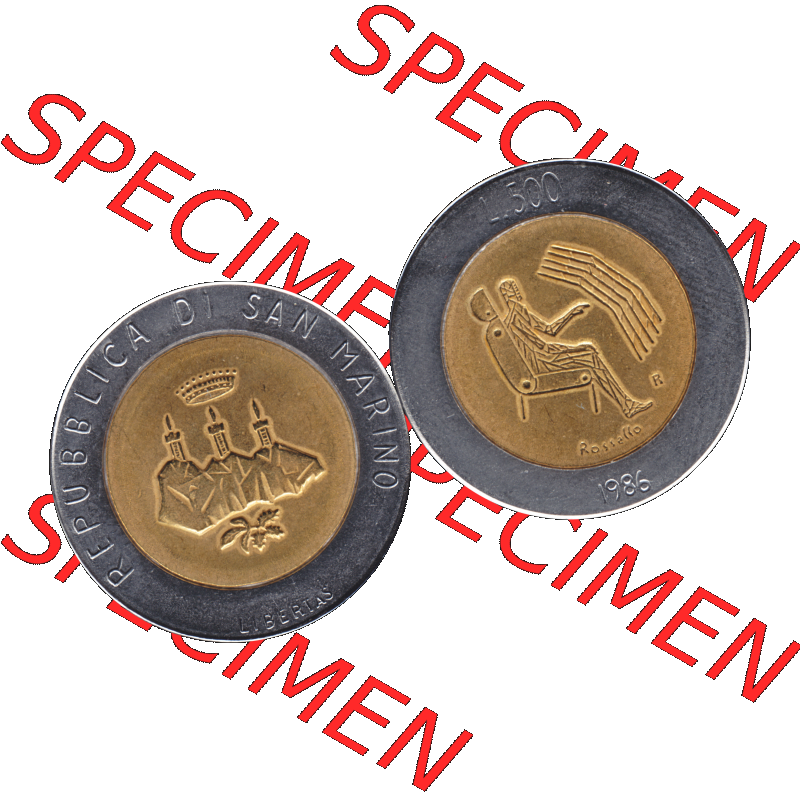 Gedenkmünzen aus San Marino, in PNG 1986-1986, 500 Lire Revolution der Technologie 1986-01. Vorderseite und Rückseite horizontal auf einen digitalen Bild der alten Gedenkmünze... Sammlung