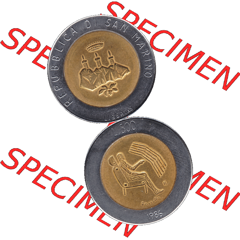 Gedenkmünzen aus San Marino, in PNG 1986-1986, 500 Lire Revolution der Technologie 1986-01. Vorderseite und Rückseite vertikal auf einen digitalen Bild der alten Gedenkmünze... Sammlung