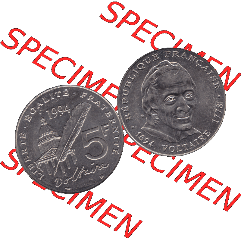 Münzen Frankreich Umlaufmünze 1994-1994, 5 Francs Liberte Egalite Fraternite 1994-01. Vorderseite und Rückseite horizontal auf einen digitalen Bild der alten französischen... Sammlung