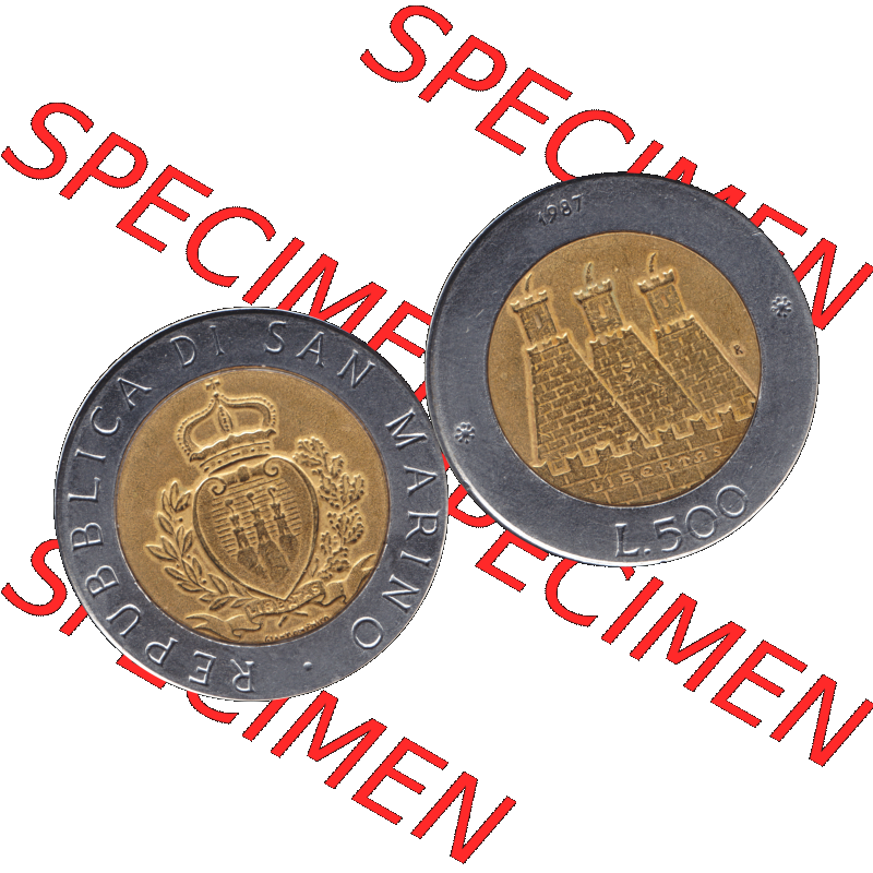 Gedenkmünzen aus San Marino, in PNG 1987-1987, 500 Lire 15. Jahrestag - Wiederaufnahme der Münzenprägung 1987-01. Vorderseite und Rückseite horizontal auf... Sammlung