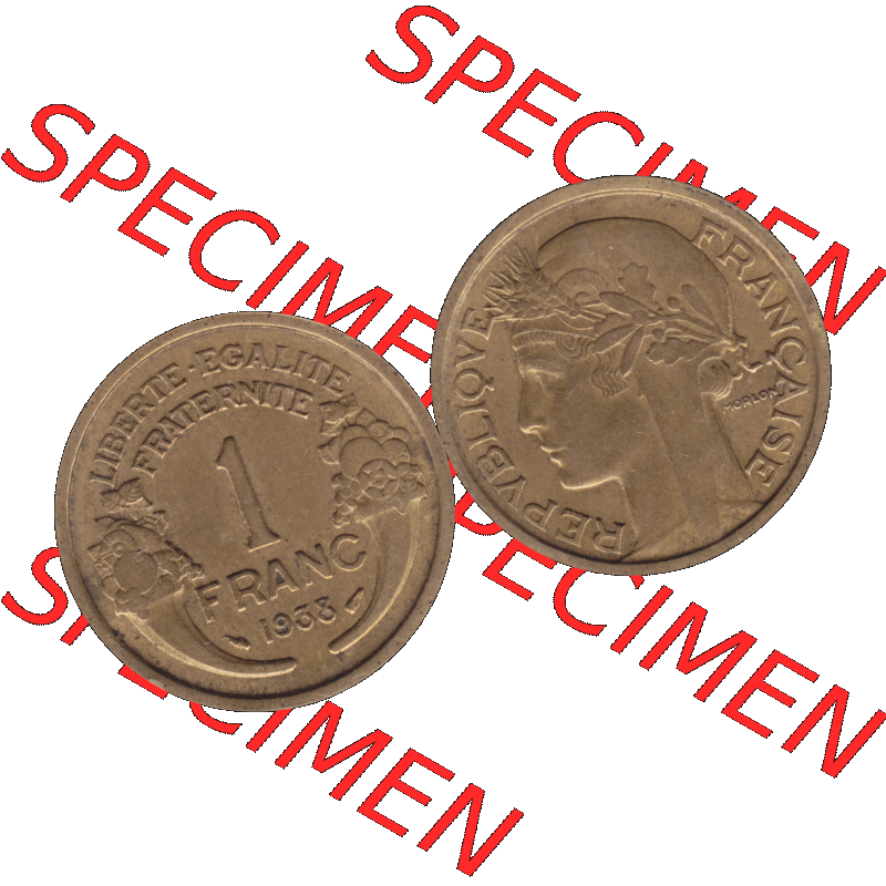 Münzen Frankreich Umlaufmünze in PNG einer Münze aus Frankreich 1931-1941, 1 Francs, Franken 1938-01. Vorderseite und Rückseite horizontal auf einen digitalen Bild... Sammlung