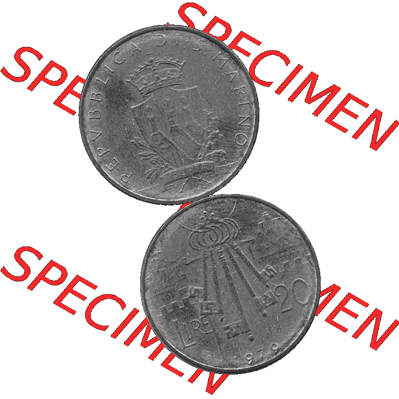 Bildmaterial Münzensatz / KMS 1979 aus San Marino in Graustufen 1979-1979, 20 Lire, J. V. LIBERTAS REPVBBLICA DI S. MARINO, 1979 20 LIRE Graustufen.... Sammlung