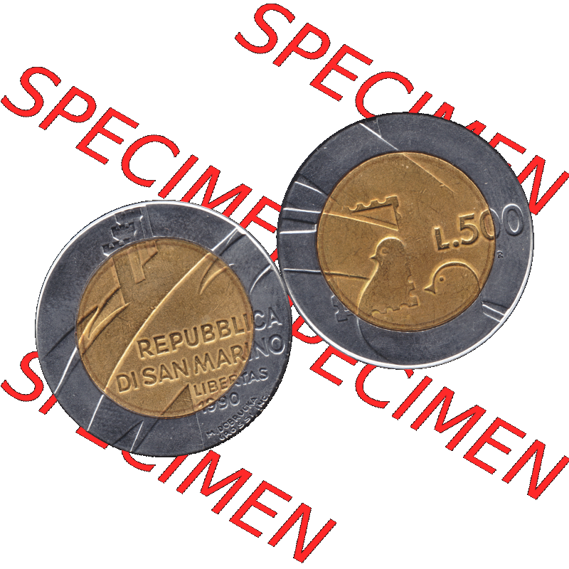Gedenkmünzen aus San Marino, in PNG 1990-1990, 500 Lire 1600 Jahre San Marino 1990-01. Vorderseite und Rückseite horizontal auf einen digitalen Bild der alten Gedenkmünze... Sammlung