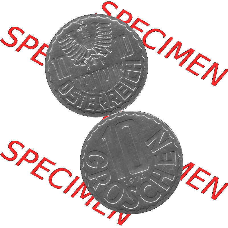 Alte Münze aus KMS Österreich, Kursmünzensatz 1974 in PP 1951-2001, 10 Groschen 1974-01. Vorderseite und Rückseite in Graustufen vertikal auf einen digitalen Bild... Sammlung