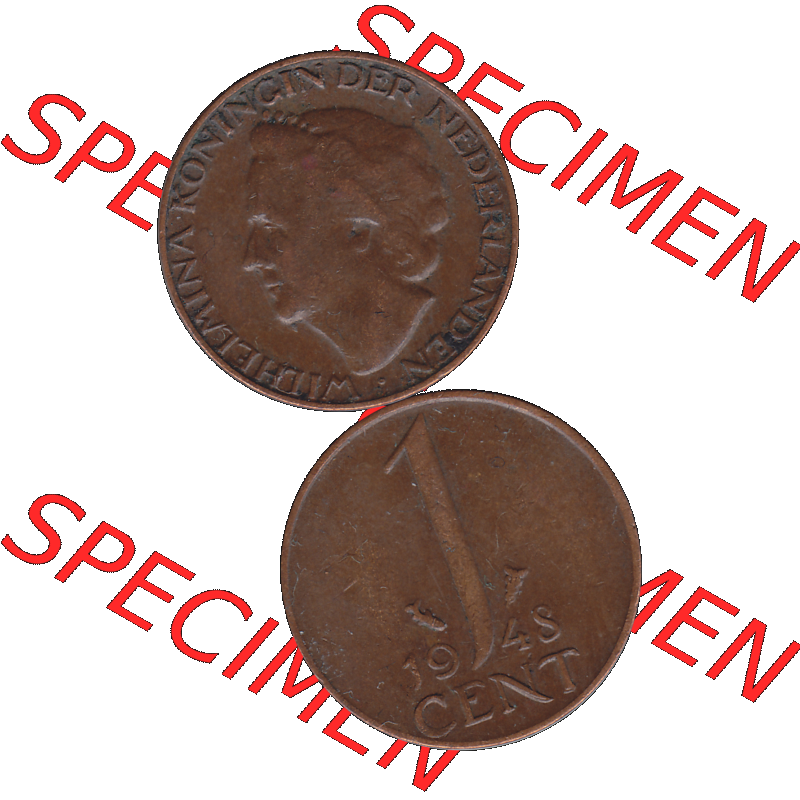 Alte Münze aus der Niederlande 1926-1950, in PNG digitalisiert 1948-1948, 1 Cent Königin Wilhelmina 1948-02. Vorderseite und Rückseite vertikal auf einen digitalen Bild... Sammlung