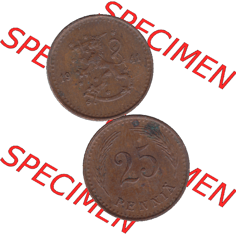 Alte Münzen KMS Finnland, Kursmünzensatz Finnland in transparenten digitalen PNG-Format 1940-1943, 25 Penny, Penniä Kupfer 1941-1. Die digitalisierte Münze... Sammlung