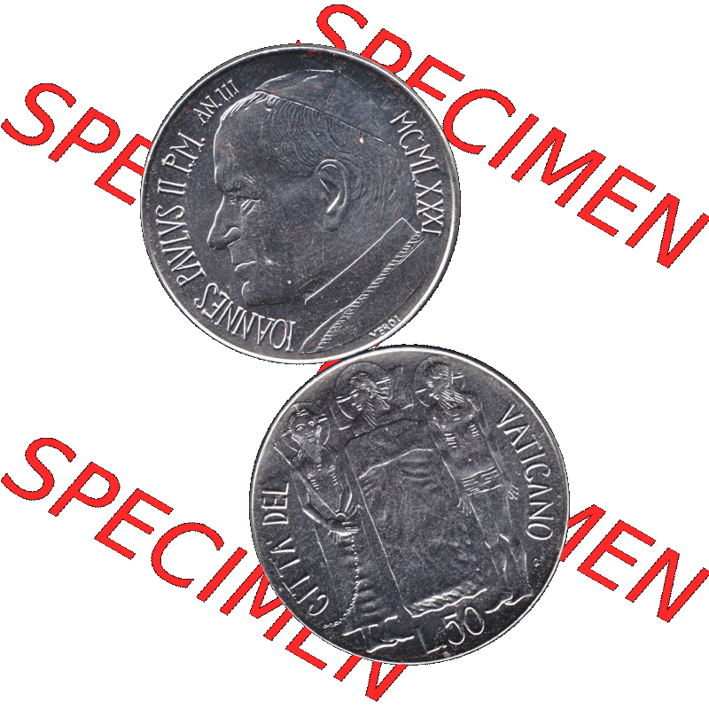 Alte Münze aus der Vatikanstadt / Vatikan als PNG-Grafik 1981-1981, 50 Lire Papst Johannes Paul II 1981-01. Vorderseite und Rückseite vertikal auf einen digitalen Bild der alten... Sammlung