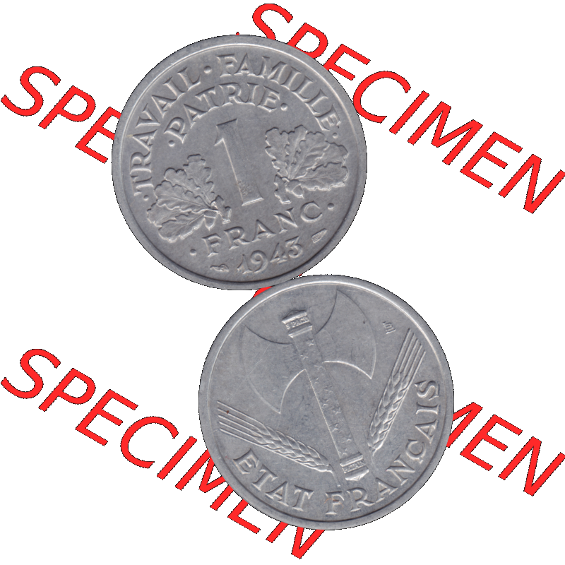 Münzen Frankreich Umlaufmünze in PNG einer Münze aus Frankreich 1942-1944, 1 Franc, Franken 1943-01. Vorderseite und Rückseite vertikal auf einen digitalen Bild der... Sammlung