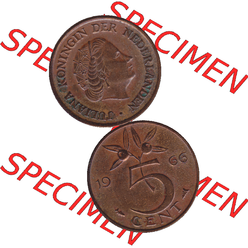Alte Münze der Niederlande 1951-1975, in PNG digitalisiert 1950-1980, 5 Cent Königin Juliana 1966-01. Vorderseite und Rückseite vertikal auf einen digitalen Bild der alten... Sammlung
