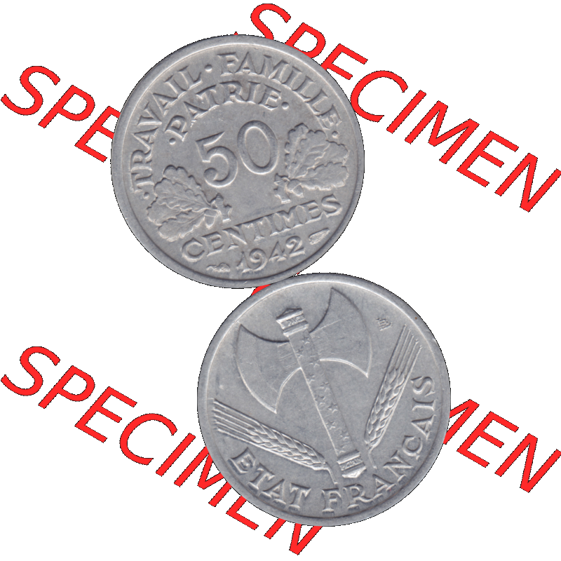 Münzen Frankreich Umlaufmünze in PNG einer Münze aus Frankreich 1942-1944, 50 Centimes, Cent 1942-01. Vorderseite und Rückseite vertikal auf einen digitalen Bild... Sammlung