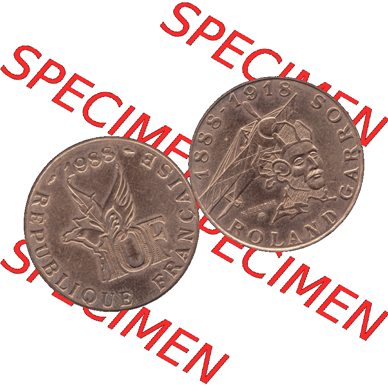 Münzen Frankreich Umlaufmünze 1988-1988, 10 Francs Roland Garros-01 1988-01. Vorderseite und Rückseite horizontal auf einen digitalen Bild der alten französischen Umlaufmünze... Sammlung