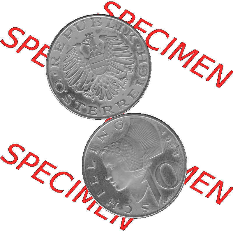 Alte Münze aus KMS Österreich, Kursmünzensatz 1974 in PP 1974-2001, 10 Schilling 1974-01. Vorderseite und Rückseite in Graustufen vertikal auf einen digitalen Bild... Sammlung