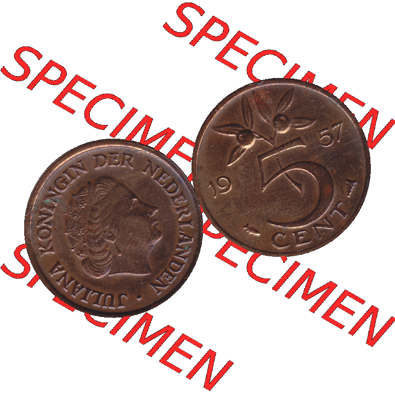 Alte Münze der Niederlande 1951-1975, in PNG digitalisiert 1950-1980, 5 Cent Königin Juliana 1957-01. Vorderseite und Rückseite horizontal auf einen digitalen Bild der... Sammlung