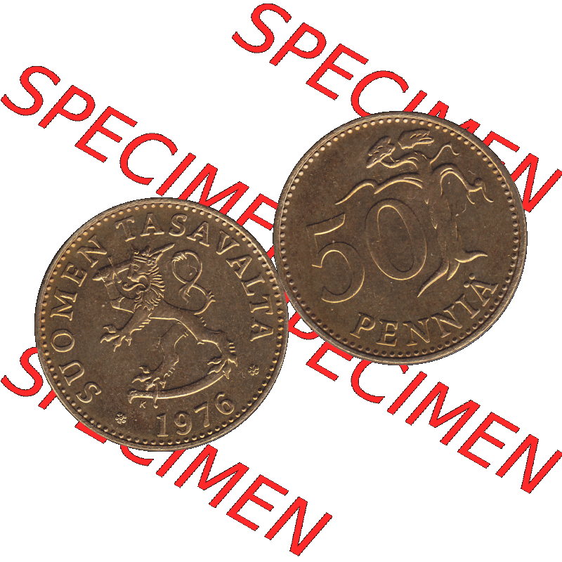 Alte Münzen KMS Finnland, Kursmünzensatz 1976 in Stempelglanz als digitales Computerbild in transparenten PNG 1963-1990, 50 Penny Penniä 1976-1, SUOMEN TASAVALTA.... Sammlung