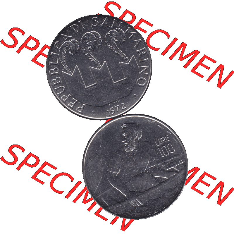 Bildmaterial in PNG-Grafiken Münzensatz / KMS 1972 aus San Marino 1972-1972, Münze 100 Lire von 1972, 100 LIRE MONASSI REPUBBLICA DI SAN MARINO. Die digitalisierte Münze... Sammlung