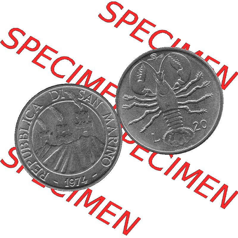 Bildmaterial Münzensatz / KMS 1974 aus San Marino in Graustufen 1974-1974, 20 Lire, L.20 MINGUZZI MONASSI INC. Graustufen. PNG Computer-Grafik in Graustufen einer... Sammlung