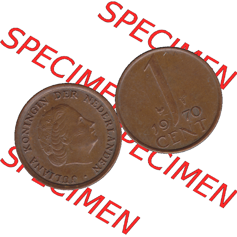 Alte Münze der Niederlande 1951-1975, in PNG digitalisiert 1950-1980, 1 Cent Königin Juliana 1970-01. Vorderseite und Rückseite horizontal auf einen digitalen Bild der... Sammlung