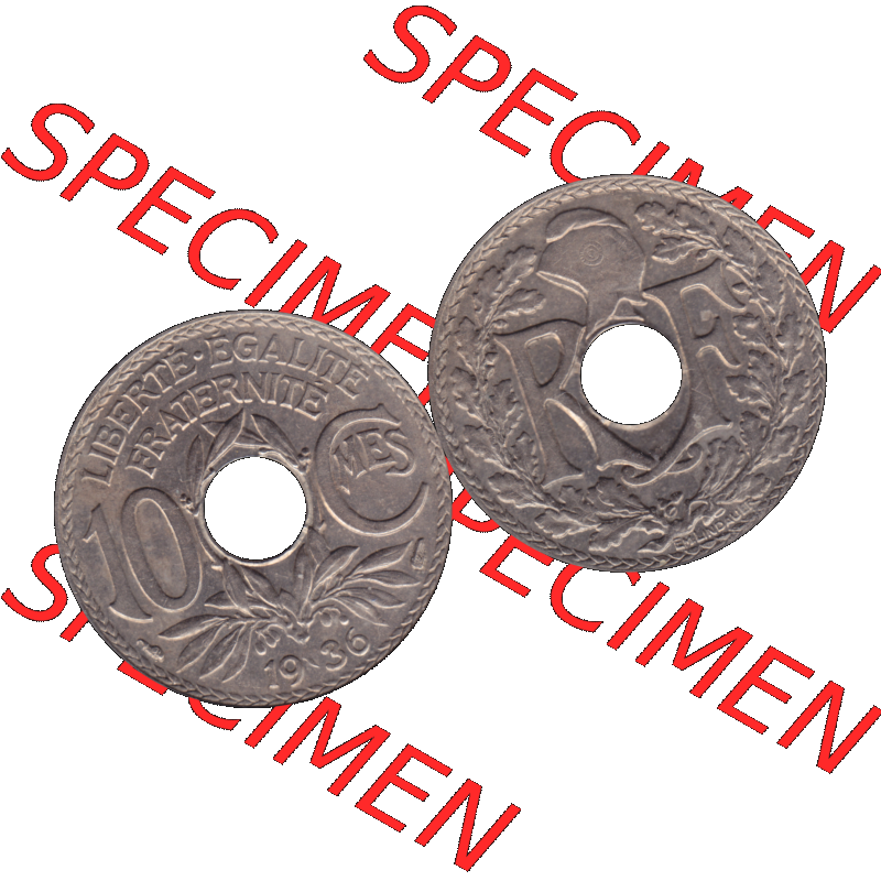 Münzen Frankreich Umlaufmünze in PNG einer Münze aus Frankreich 1917-1938, 10 Centimes, Cent 1936-01. Vorderseite und Rückseite horizontal auf einen digitalen Bild... Sammlung